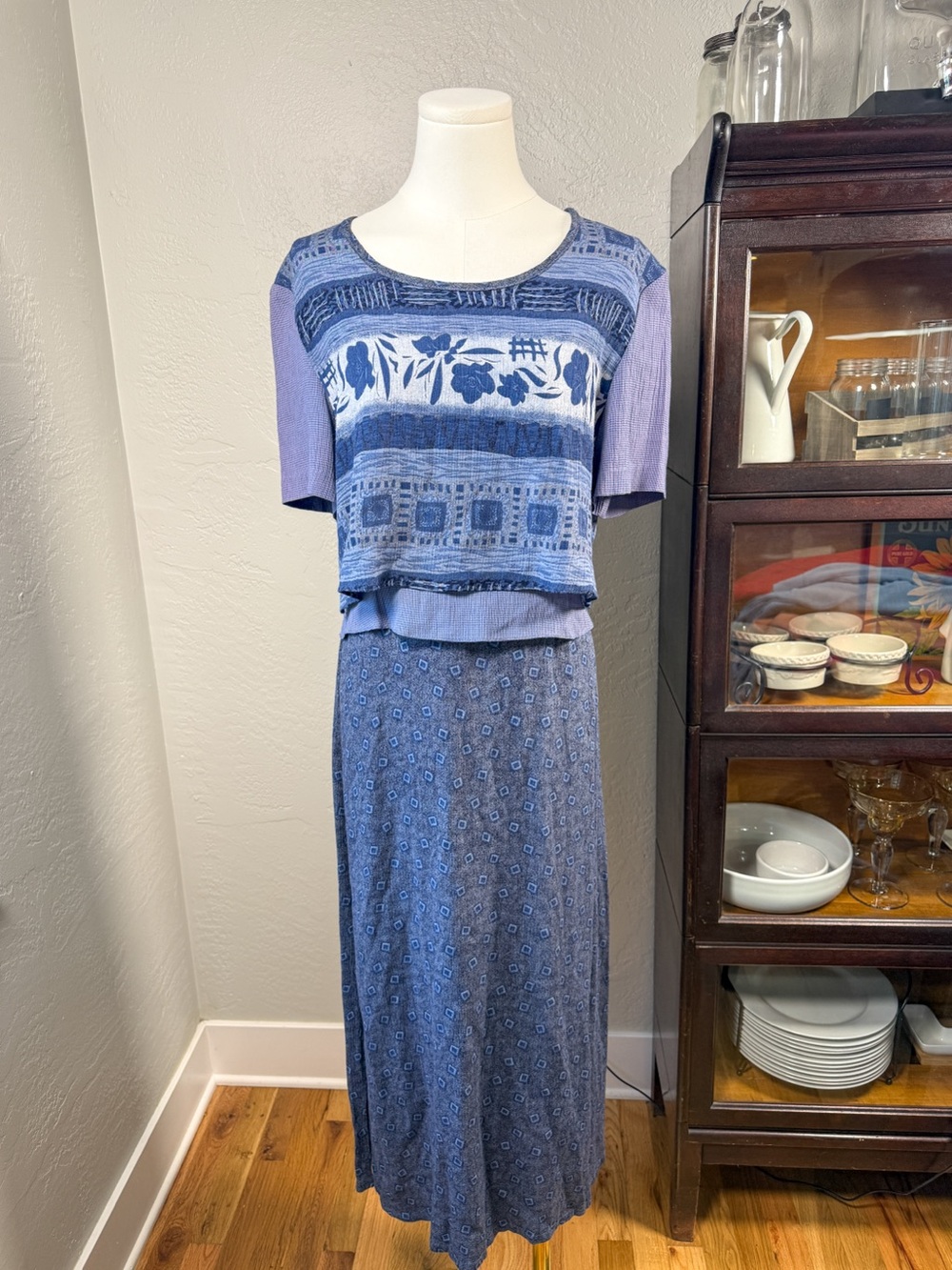 Vintage K Studio Blue Layered Midi Dress Tie Back Made in USA Size 8